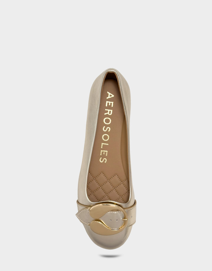 Comfortable Women's Casual Flat in Soft Gold Faux Metallic Leather, top view 