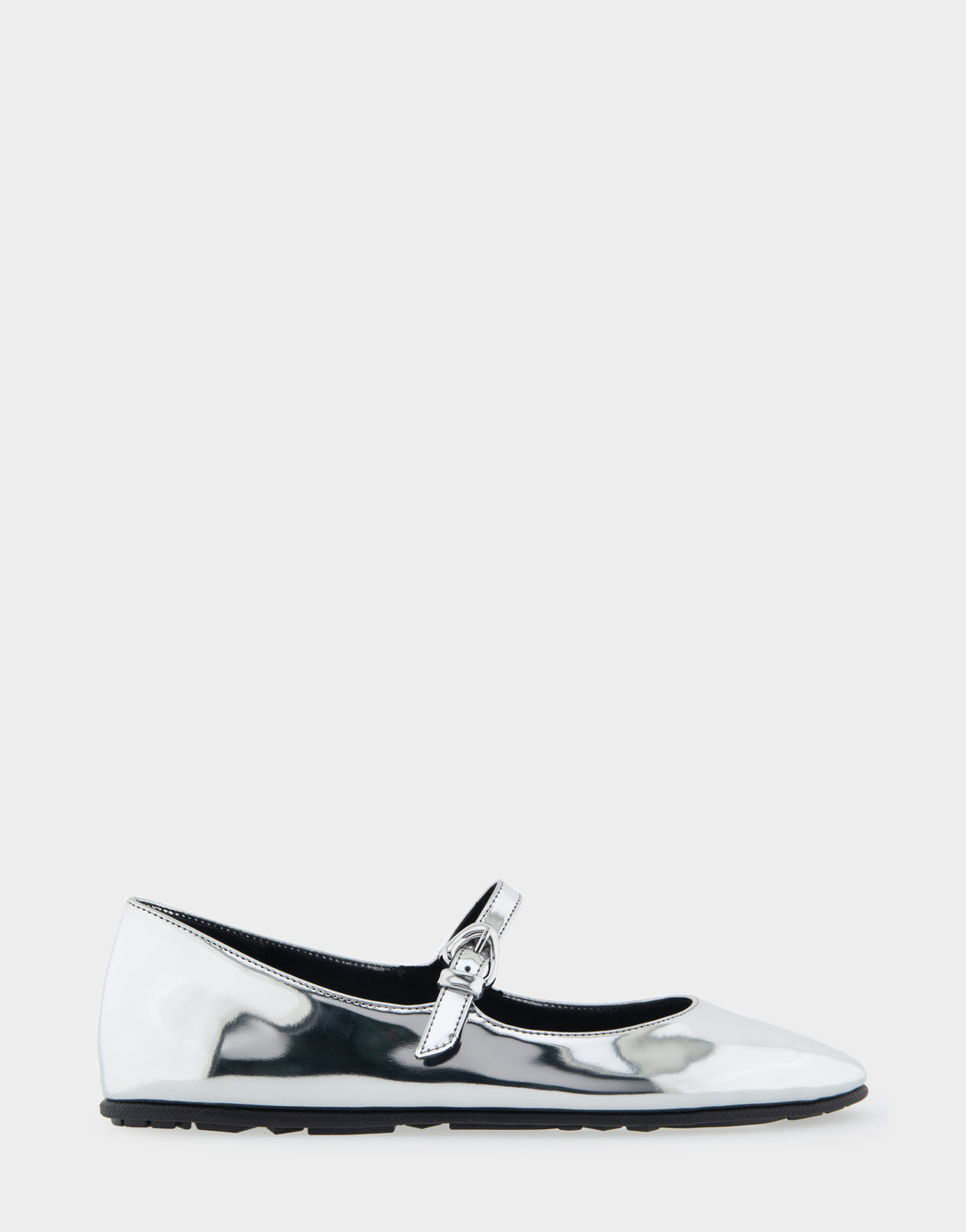 Comfortable Women's Mary Jane Flat in Silver Mirror Metallic Faux Leather Side View 
