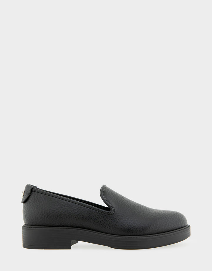 Comfortable Women's Tailored Loafer In Black Faux Nubuck Side View 
