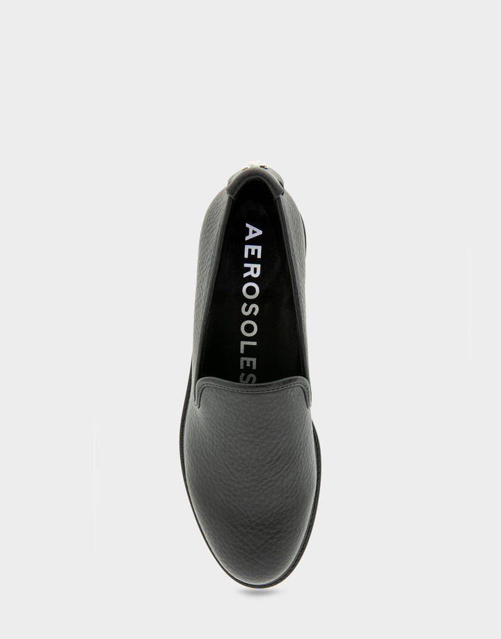 Comfortable Women's Tailored Loafer In Black Faux Nubuck Top View 
