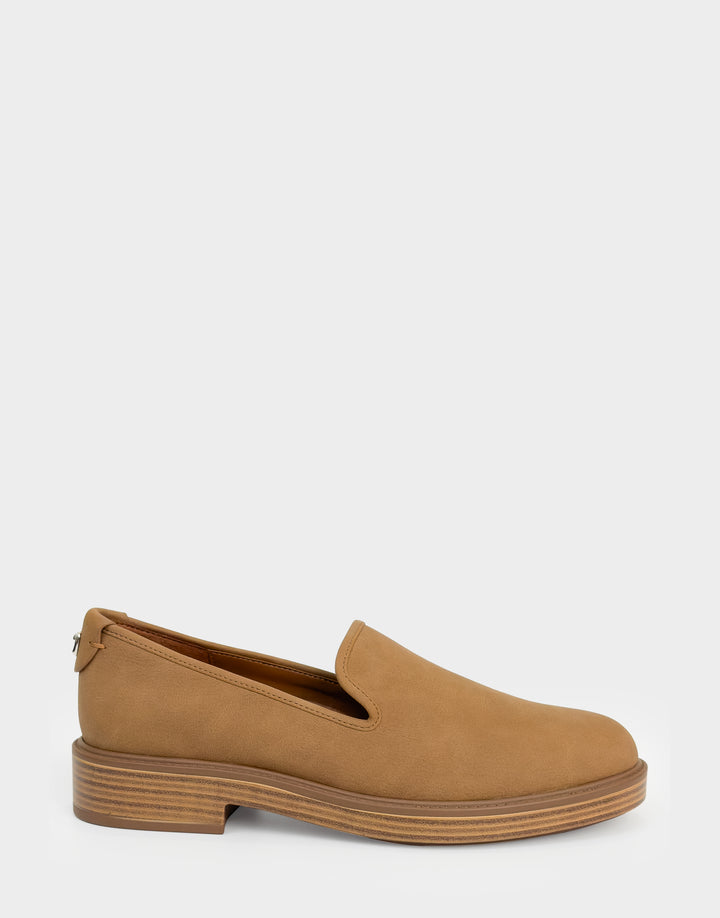 Comfortable Women's Tailored Loafer In Tan Faux Nubuck Side View 
