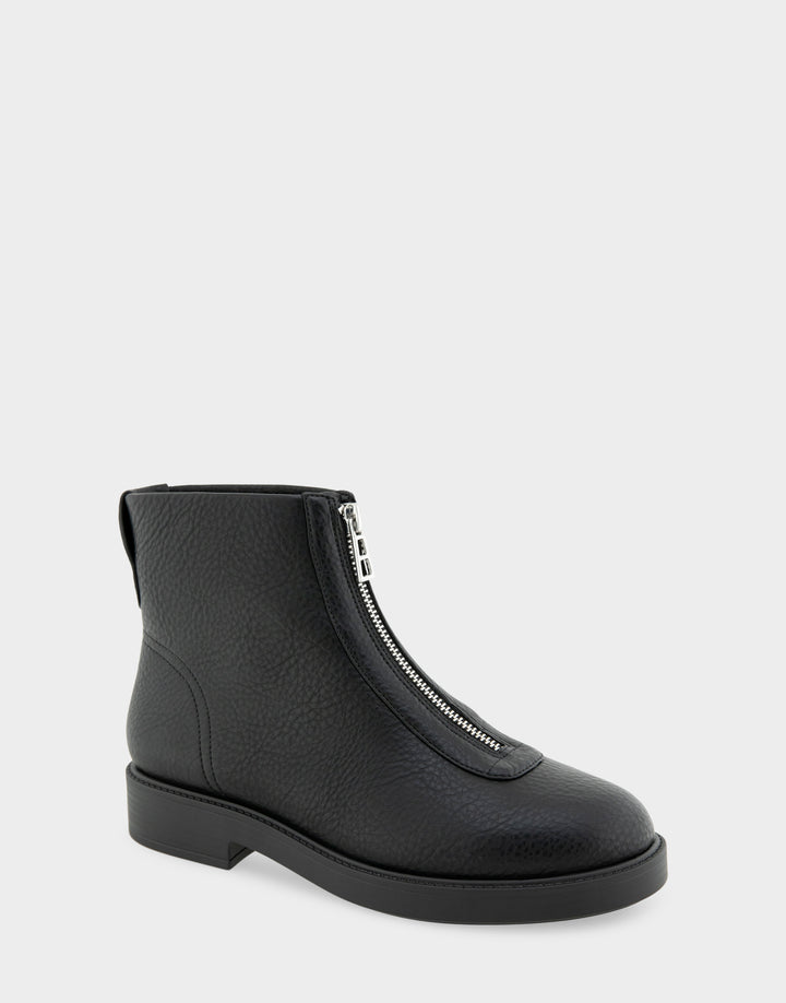 Comfortable Women's Low Block Heel Bootie In Black Faux Nubuck Angle View 
