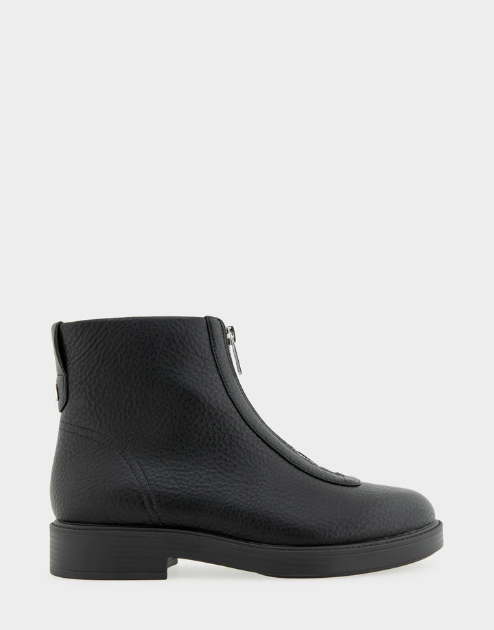Comfortable Women's Low Block Heel Bootie In Black Faux Nubuck Side View 
