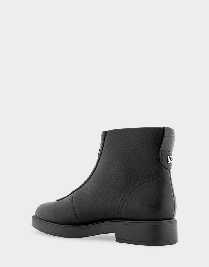 Comfortable Women's Low Block Heel Bootie In Black Faux Nubuck Rear Angle View 
