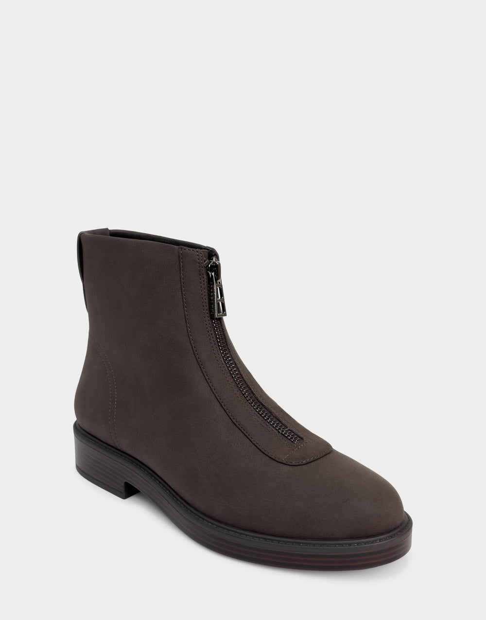 Comfortable Women's Low Block Heel Bootie In Brown Faux Nubuck Angle View 
