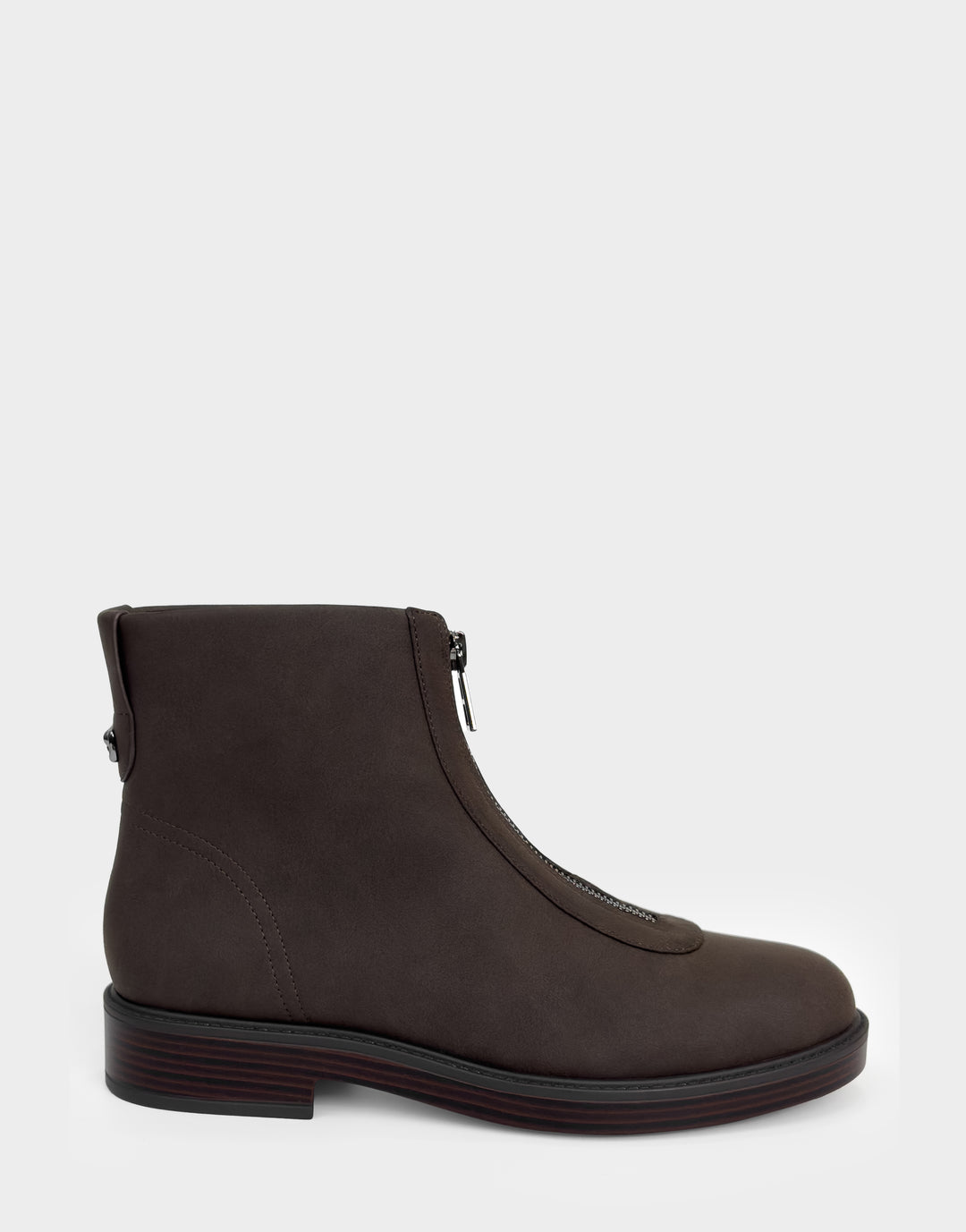 Comfortable Women's Low Block Heel Bootie In Brown Faux Nubuck Side View 

