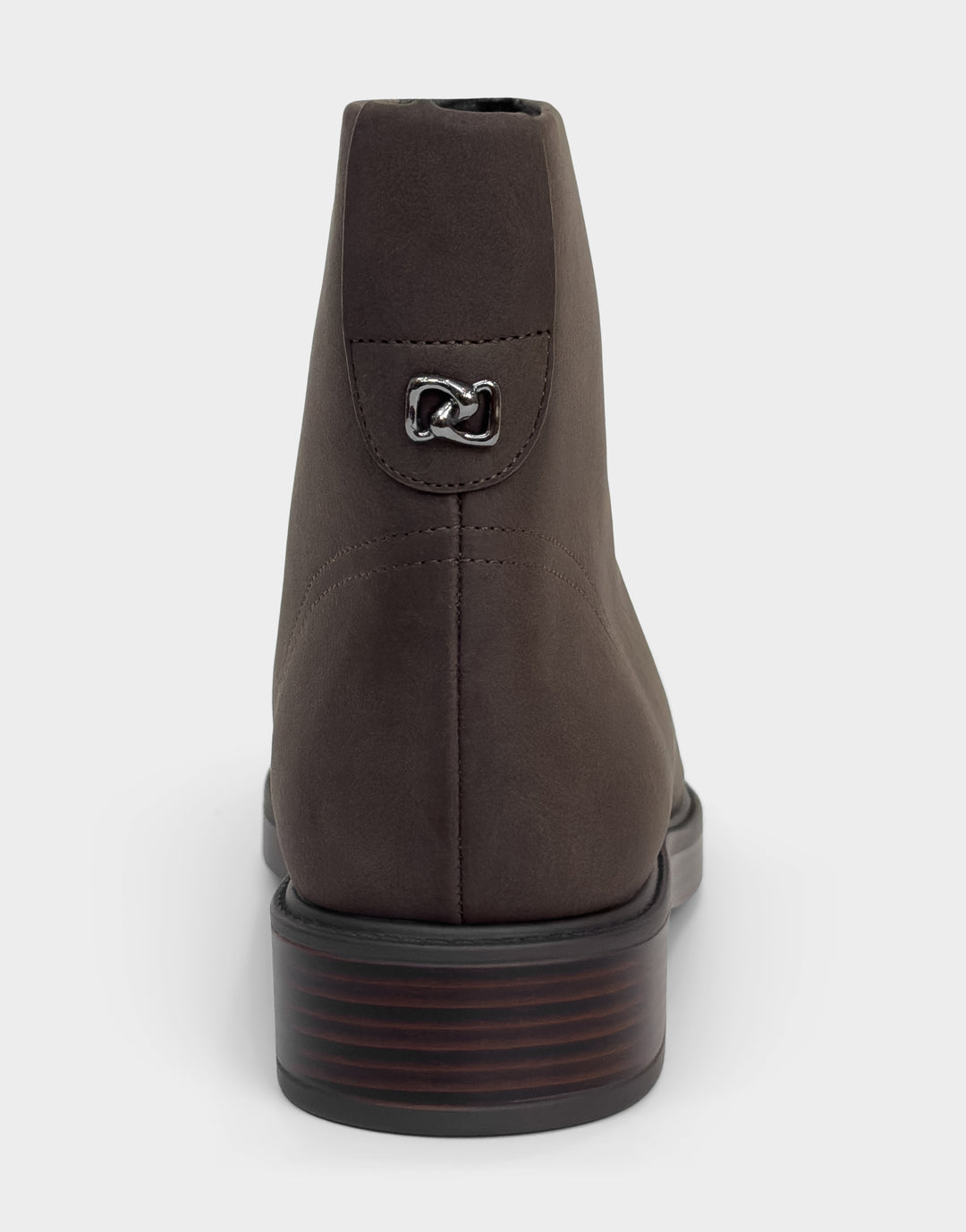 Comfortable Women's Low Block Heel Bootie In Brown Faux Nubuck Rear View 