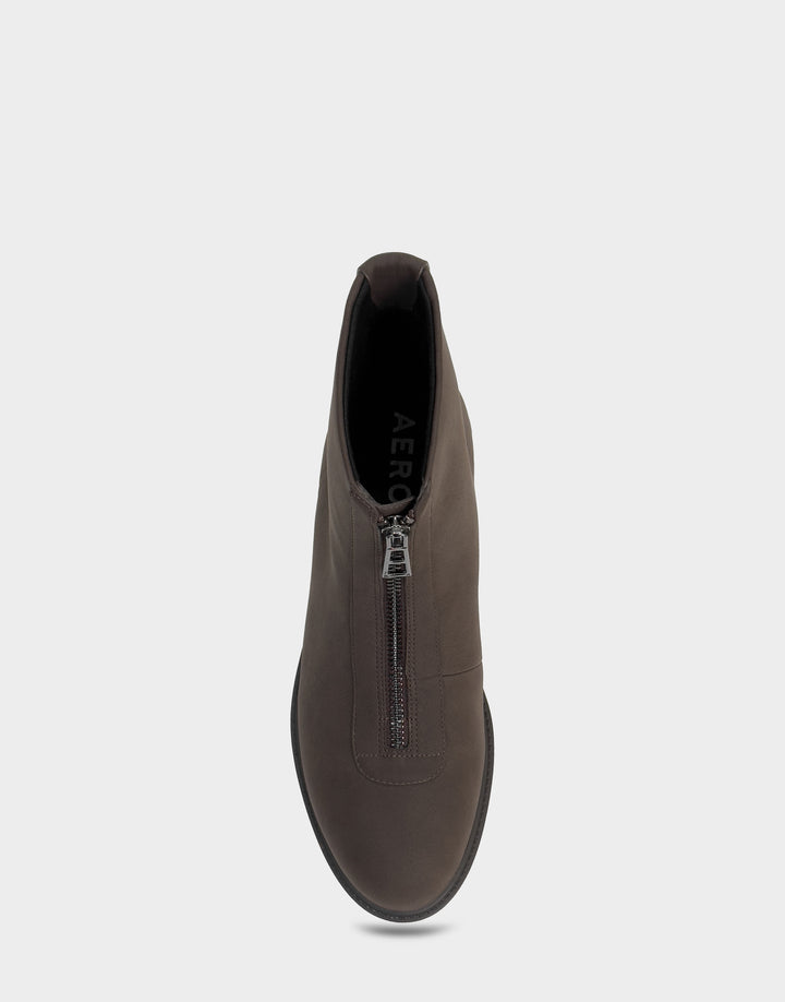 Comfortable Women's Low Block Heel Bootie In Brown Faux Nubuck Top View 
