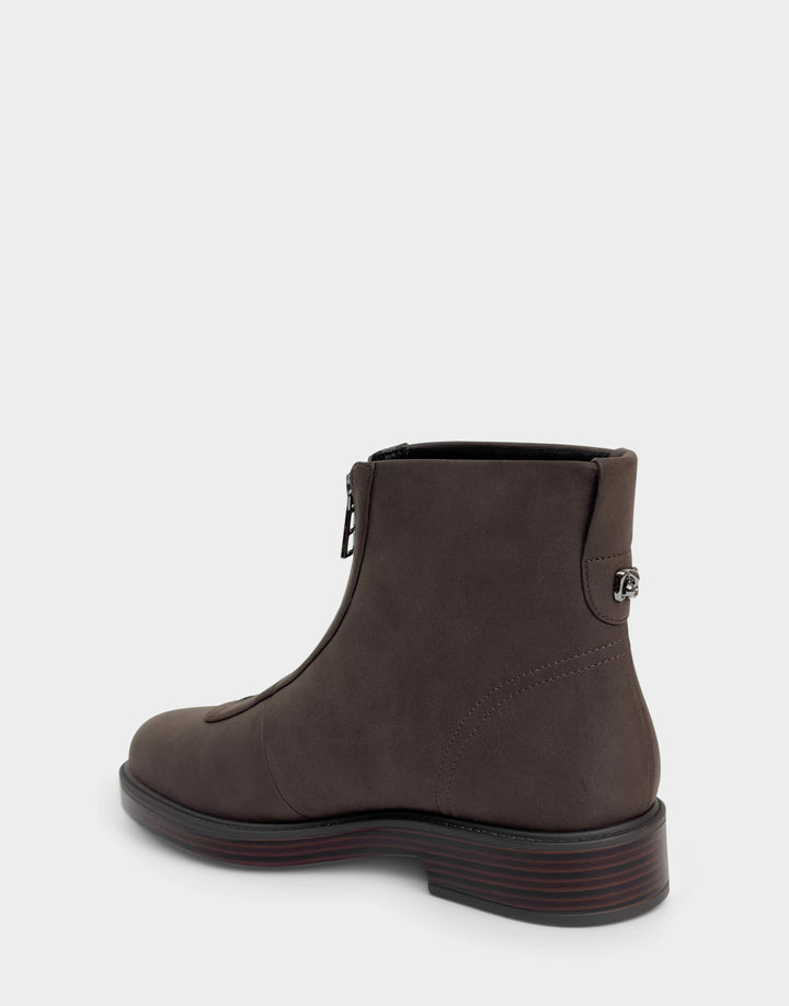 Comfortable Women's Low Block Heel Bootie In Brown Faux Nubuck Rear Angle View 
