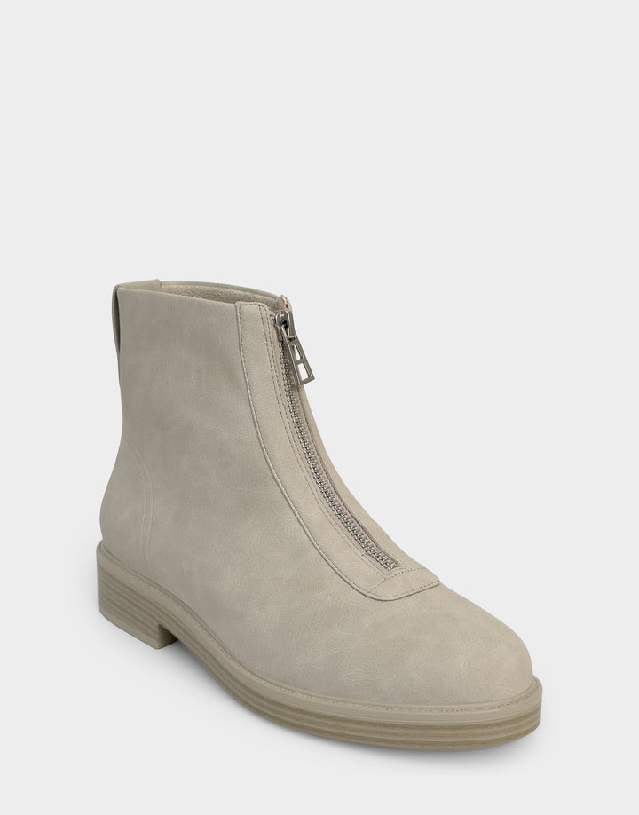 Comfortable Women's Low Block Heel Bootie In Beige Faux Nubuck Angle View 
