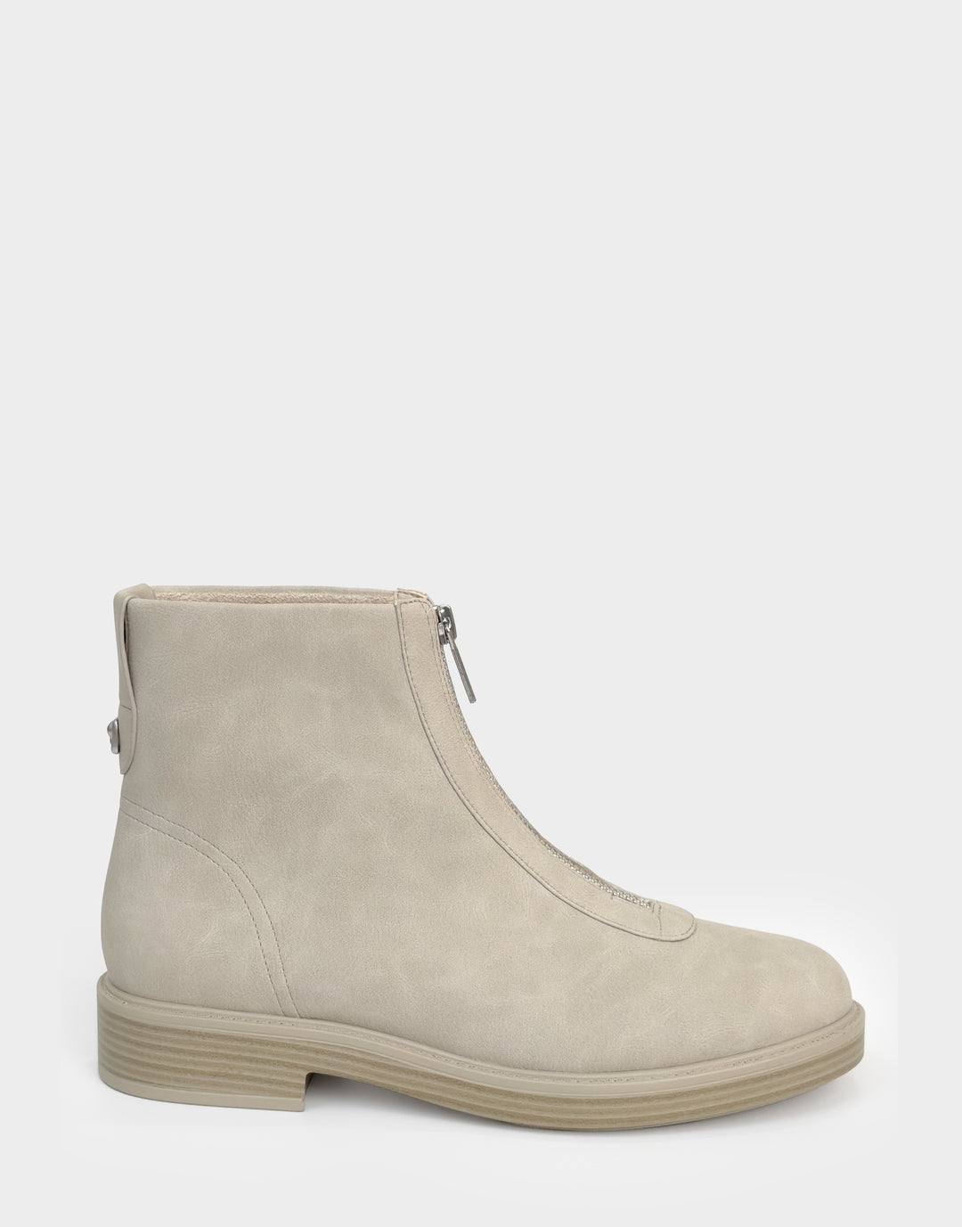 Comfortable Women's Low Block Heel Bootie In Beige Faux Nubuck Side View 
