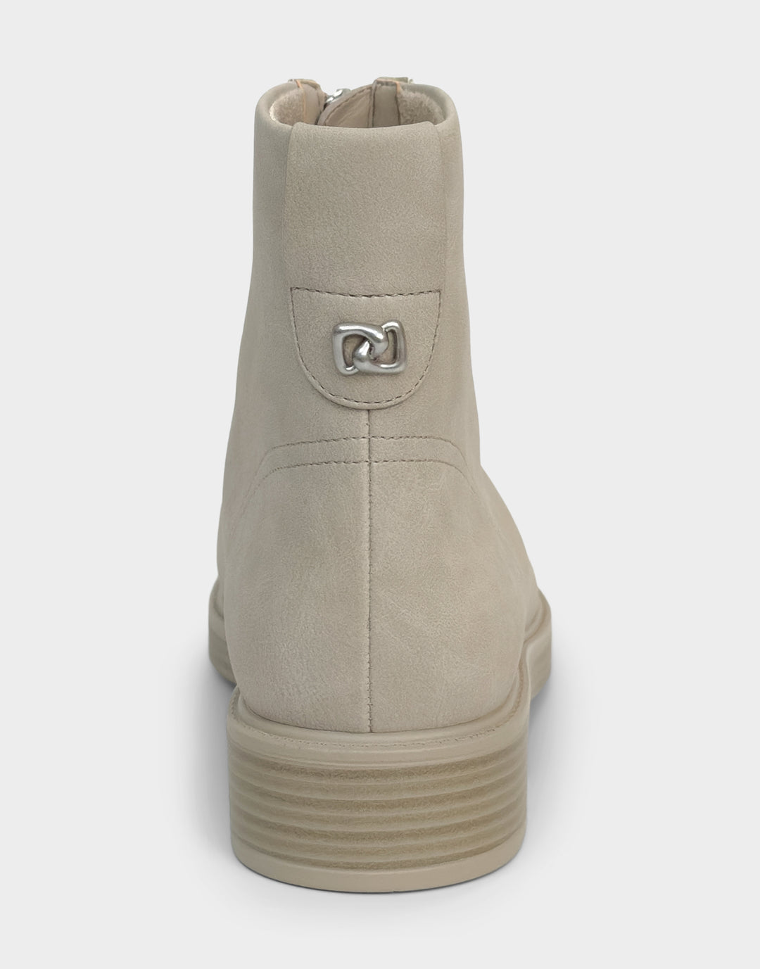 Comfortable Women's Low Block Heel Bootie In Beige Faux Nubuck Rear View 

