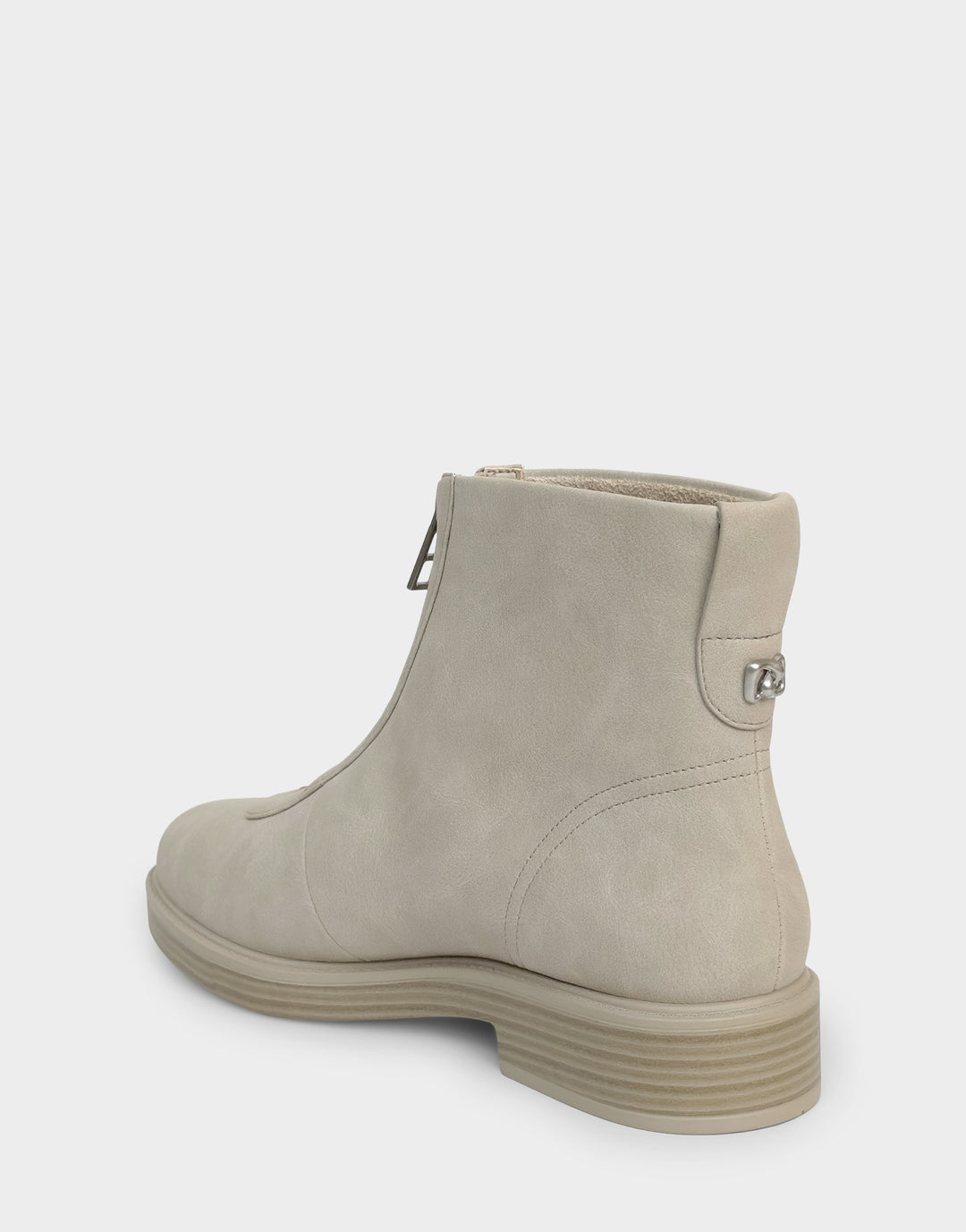 Comfortable Women's Low Block Heel Bootie In Beige Faux Nubuck Rear Angle View 
