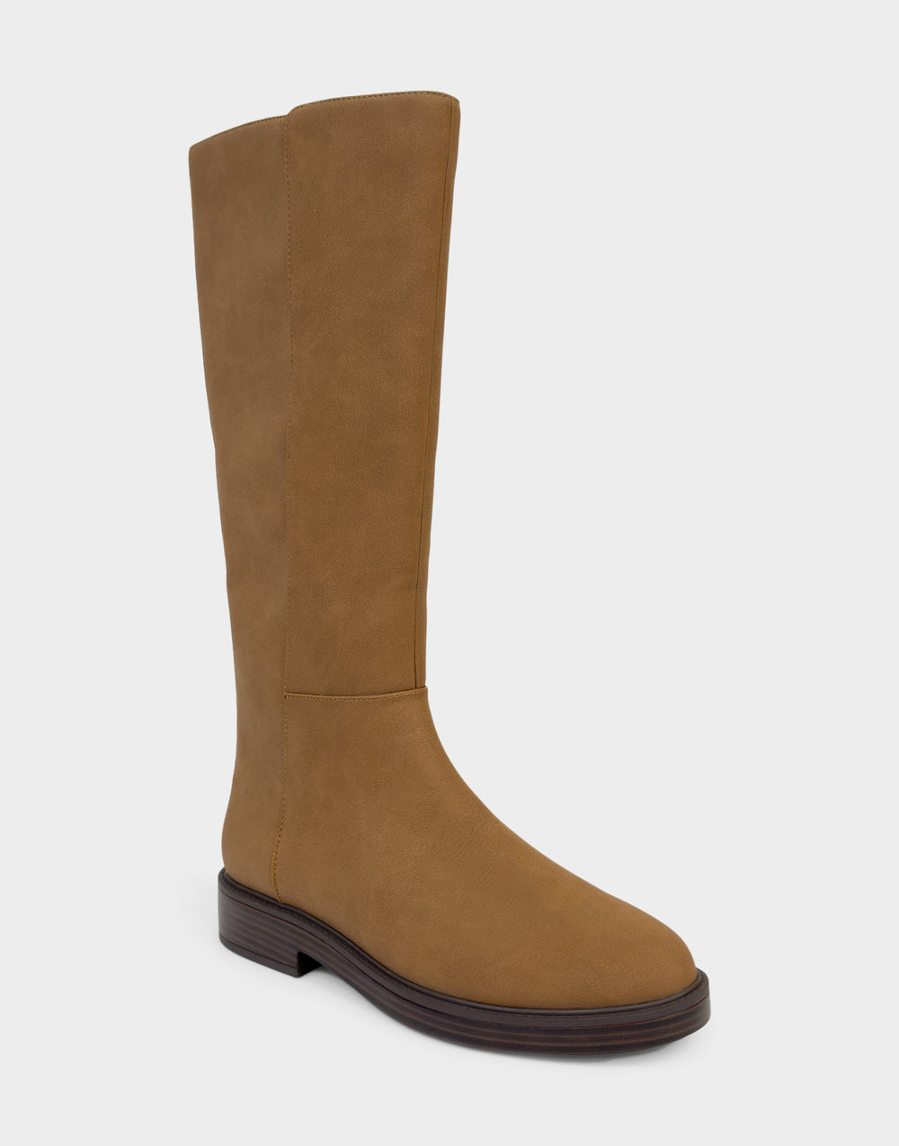 Comfortable Women's Low Block Heel Boot In Tan Faux Nubuck Angle View 
