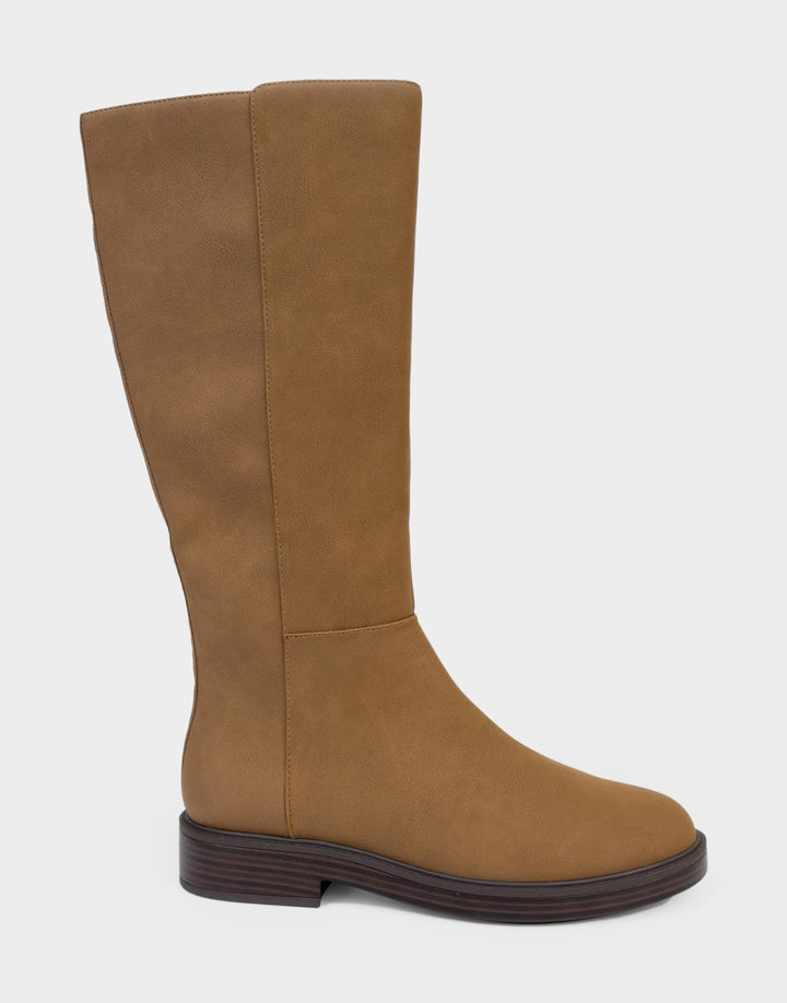 Comfortable Women's Low Block Heel Boot In Tan Faux Nubuck Side View 
