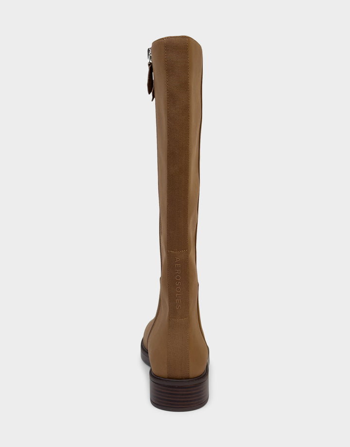 Comfortable Women's Low Block Heel Boot In Tan Faux Nubuck Rear View 
