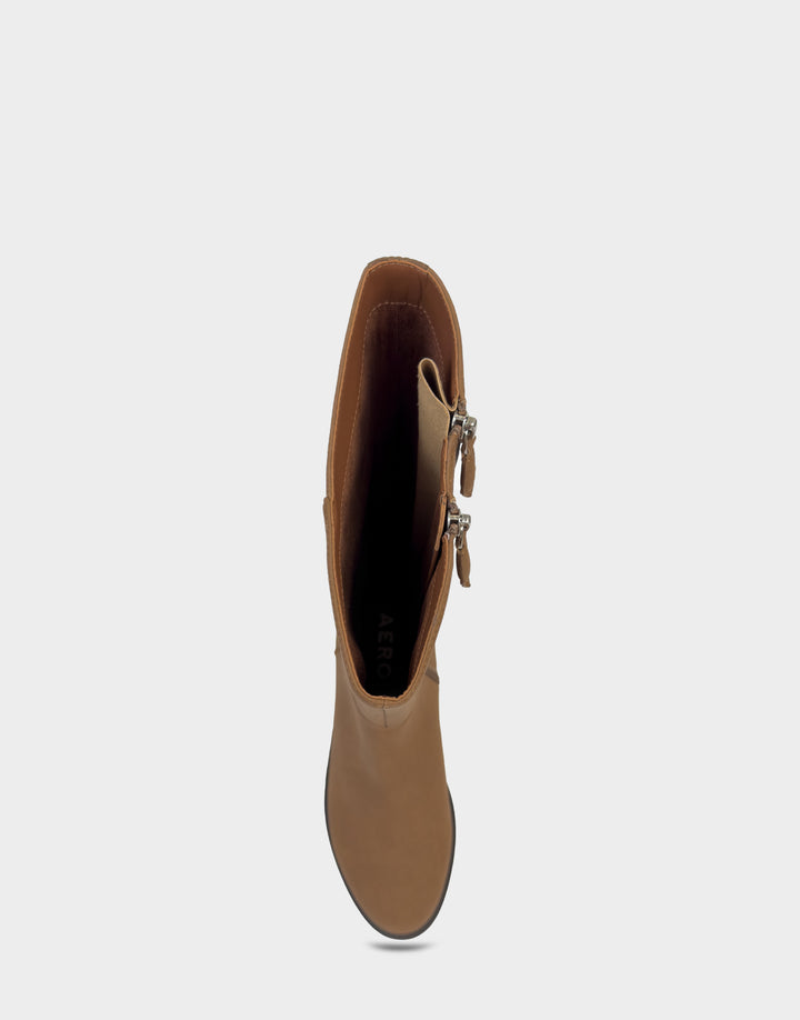 Comfortable Women's Low Block Heel Boot In Tan Faux Nubuck Top View 
