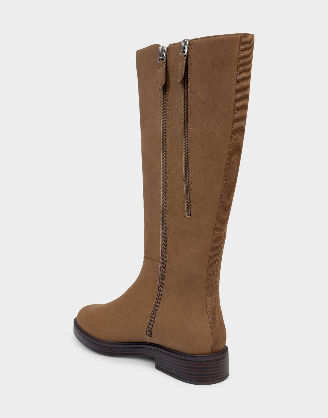 Comfortable Women's Low Block Heel Boot In Tan Faux Nubuck Rear Angle View 
