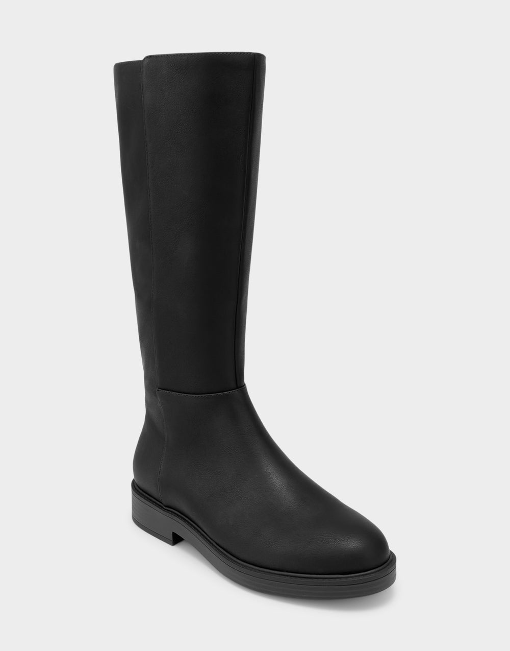 Comfortable Women's Low Block Heel Boot In Black Faux Leather Angle View 
