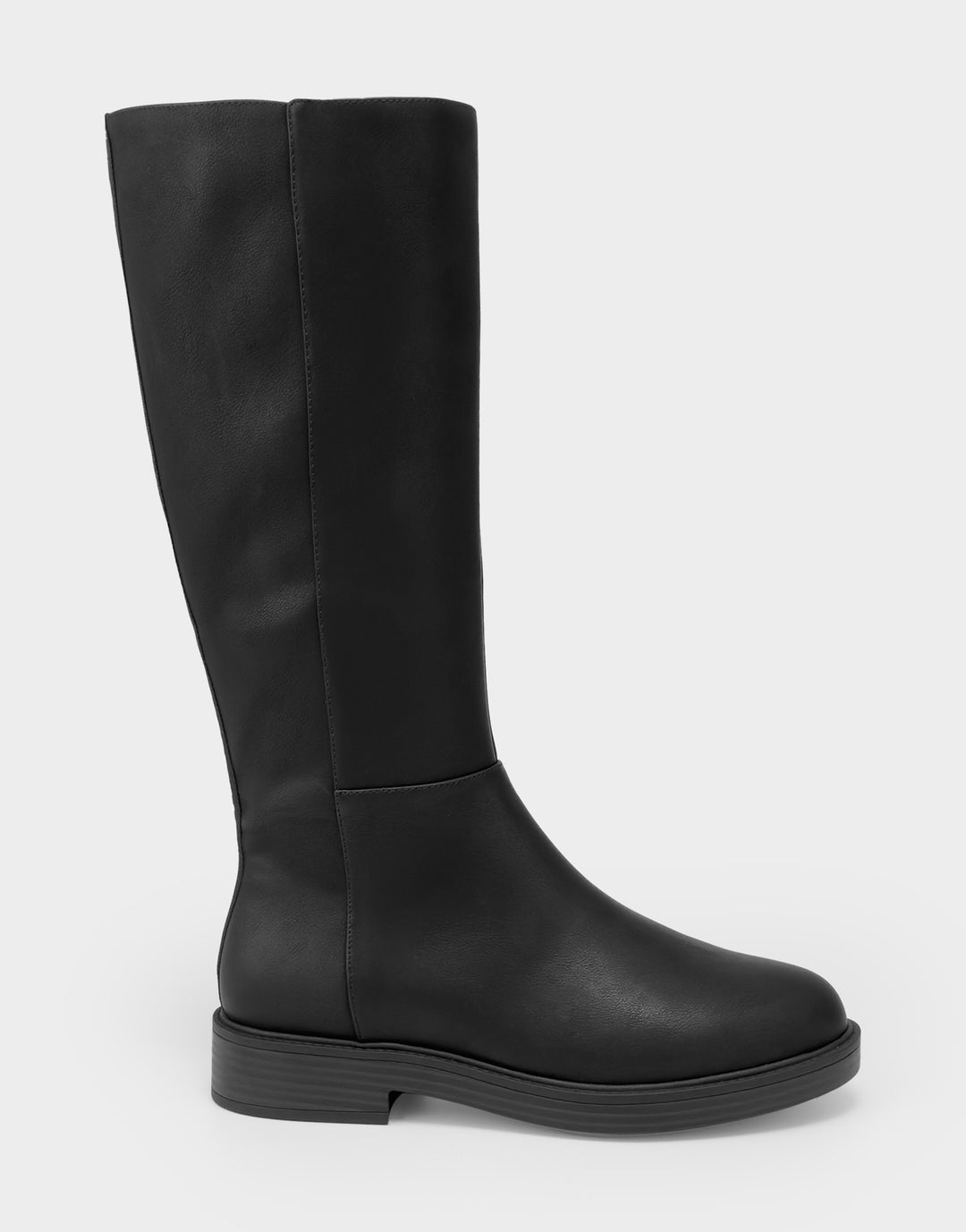 Comfortable Women's Low Block Heel Boot In Black Faux Leather Side View 
