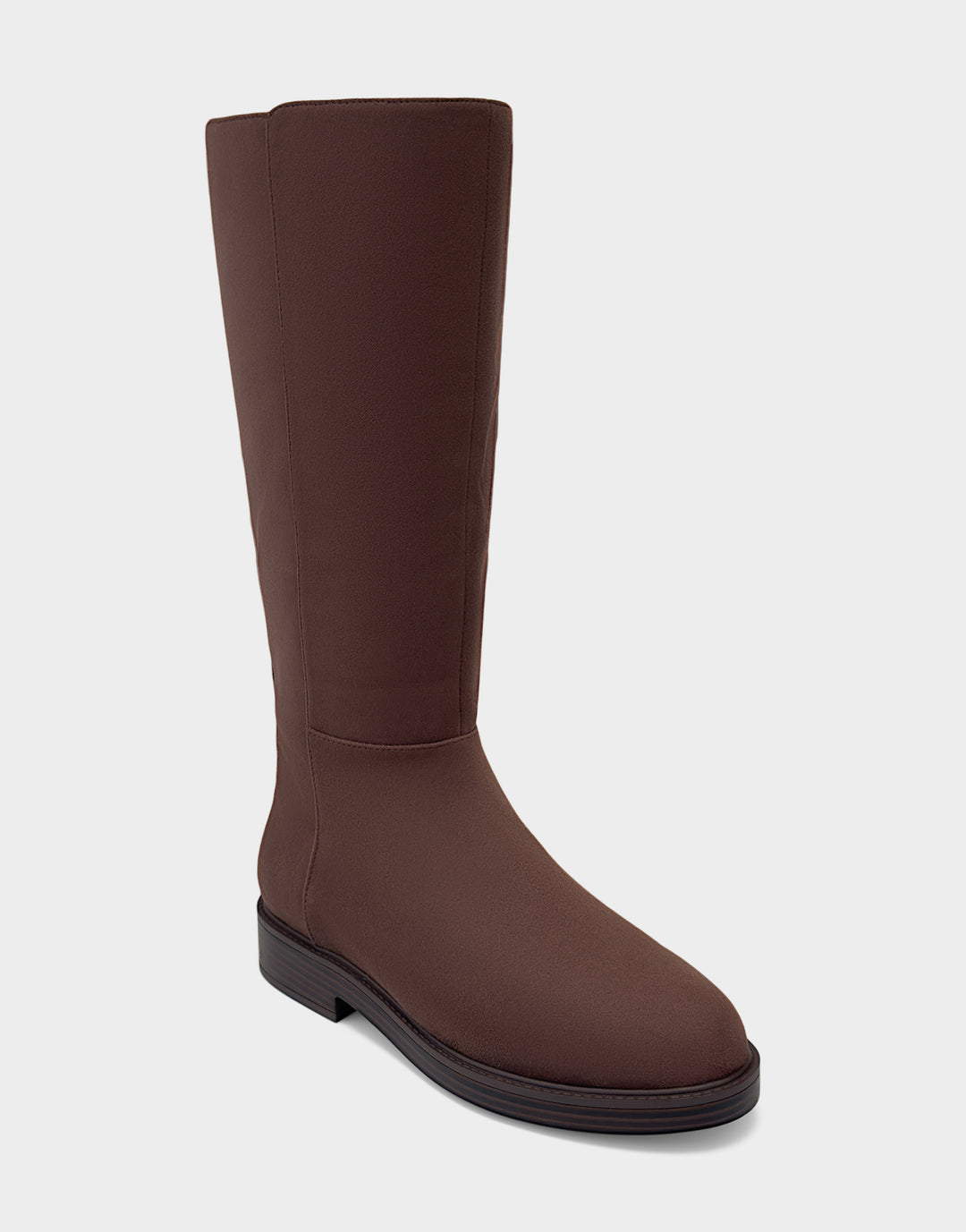 Comfortable Women's Low Block Heel Boot In Brown Faux Suede Angle View 
