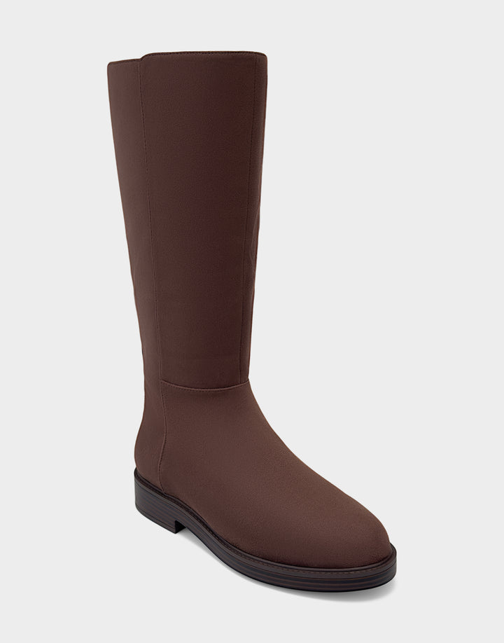 Comfortable Women's Low Block Heel Boot In Brown Faux Suede Angle View 

