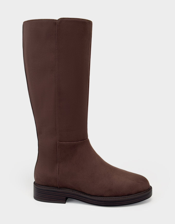 Comfortable Women's Low Block Heel Boot In Brown Faux Suede Side View 
