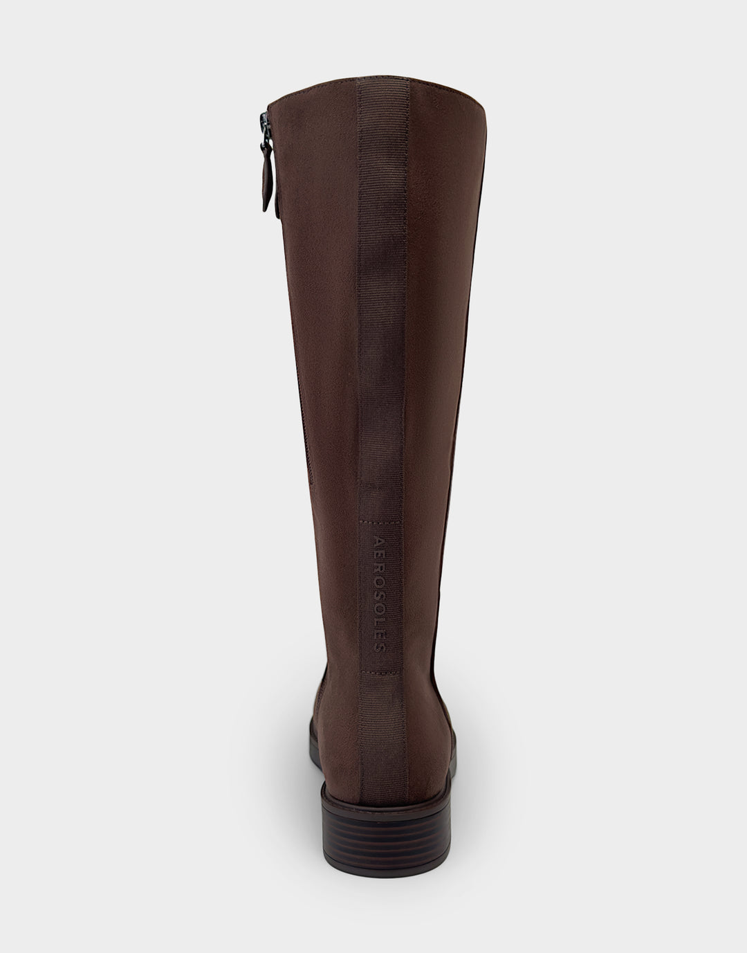 Comfortable Women's Low Block Heel Boot In Brown Faux Suede Rear View 
