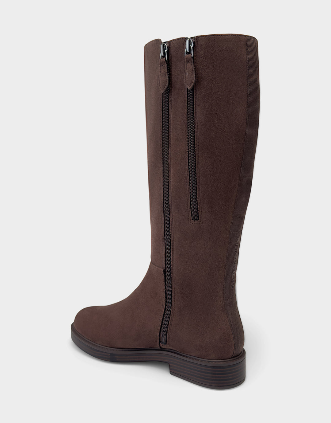 Comfortable Women's Low Block Heel Boot In Brown Faux Suede Rear Angle View 
