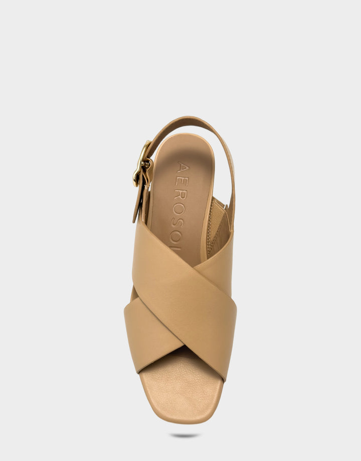Comfortable Women's Platform Sandal in Natural Faux Leather Full Front View