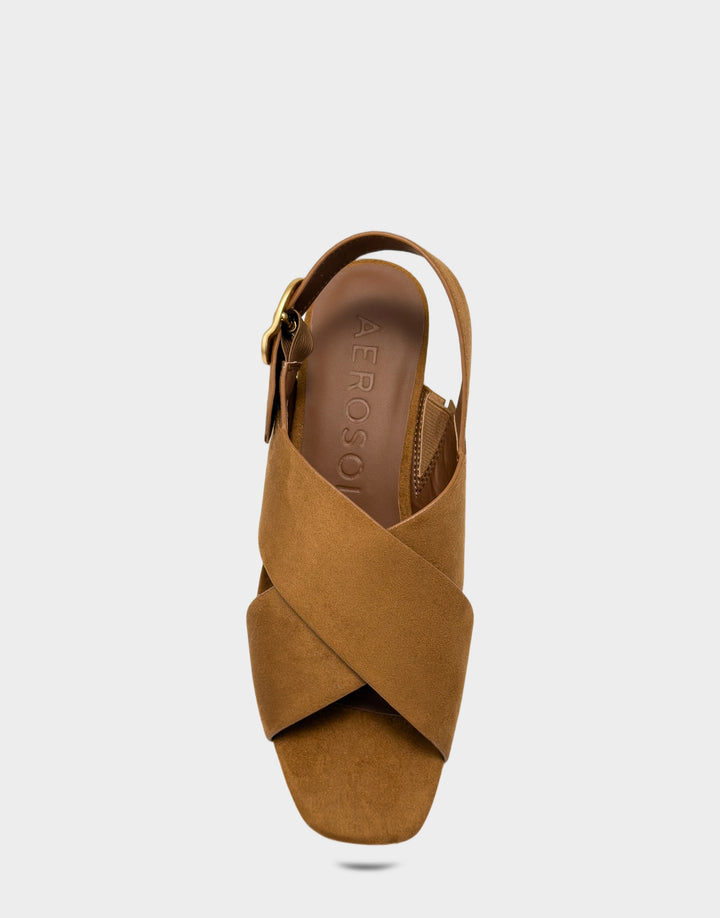 Comfortable Women's Platform Sandal in Natural Faux Suede Cork Heel Full Front View