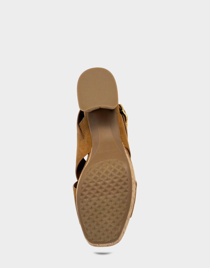 Comfortable Women's Platform Sandal in Natural Faux Suede Cork Heel Bottom View