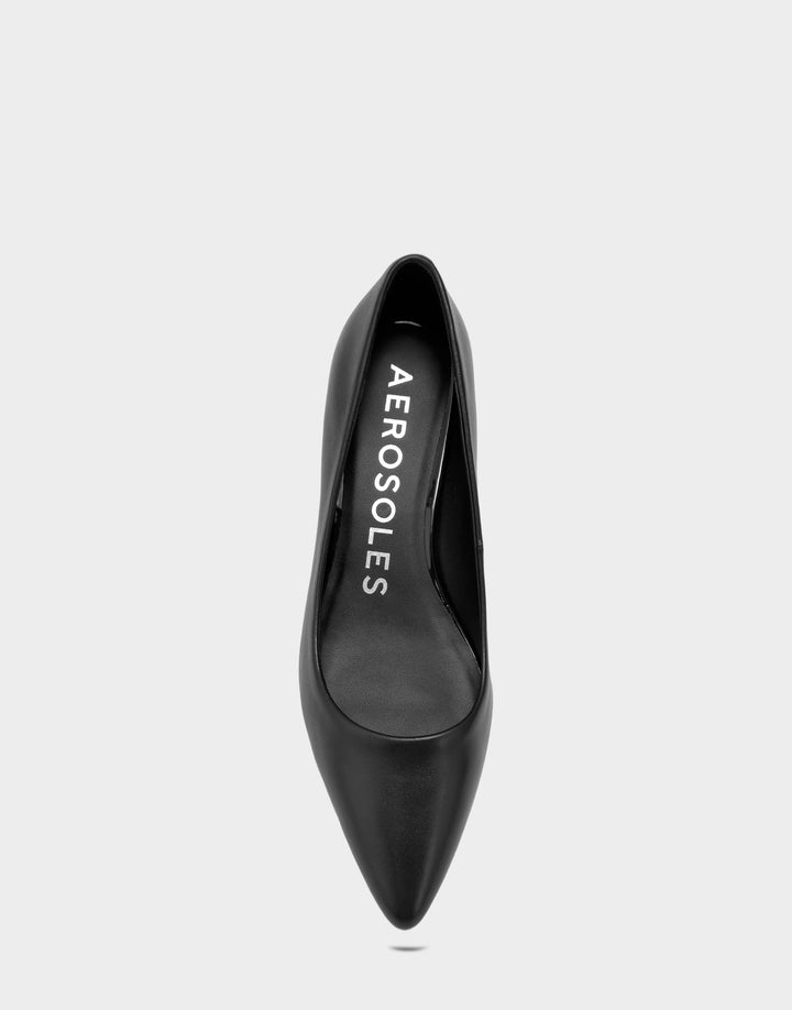 Comfortable Women's Kitten Heel in Black Leather Leather, top view 