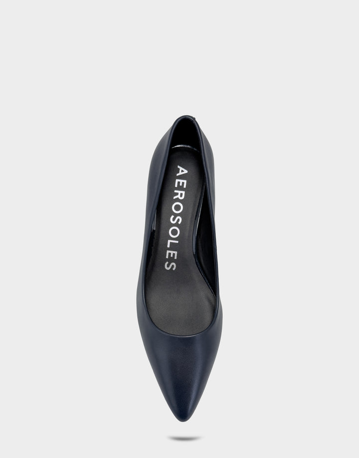 Comfortable Women's Kitten Heel in Navy Leather, top view 
