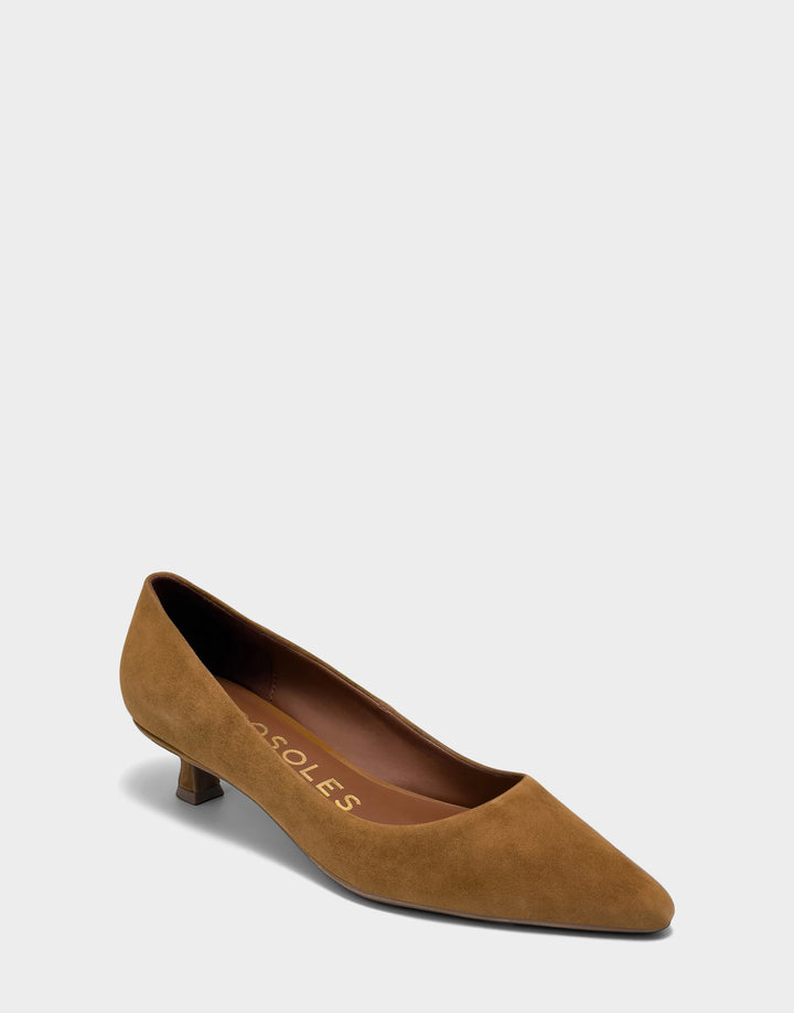Comfortable Women's Kitten Heel in Tobacco Kid Suede, angle view 