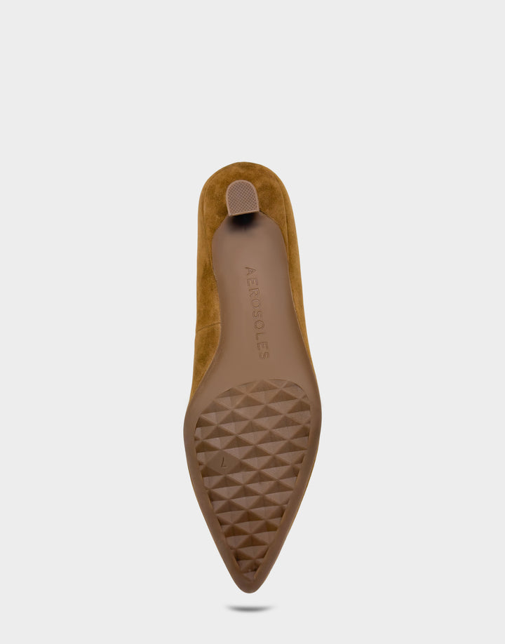 Comfortable Women's Kitten Heel in Tobacco Kid Suede, sole view 