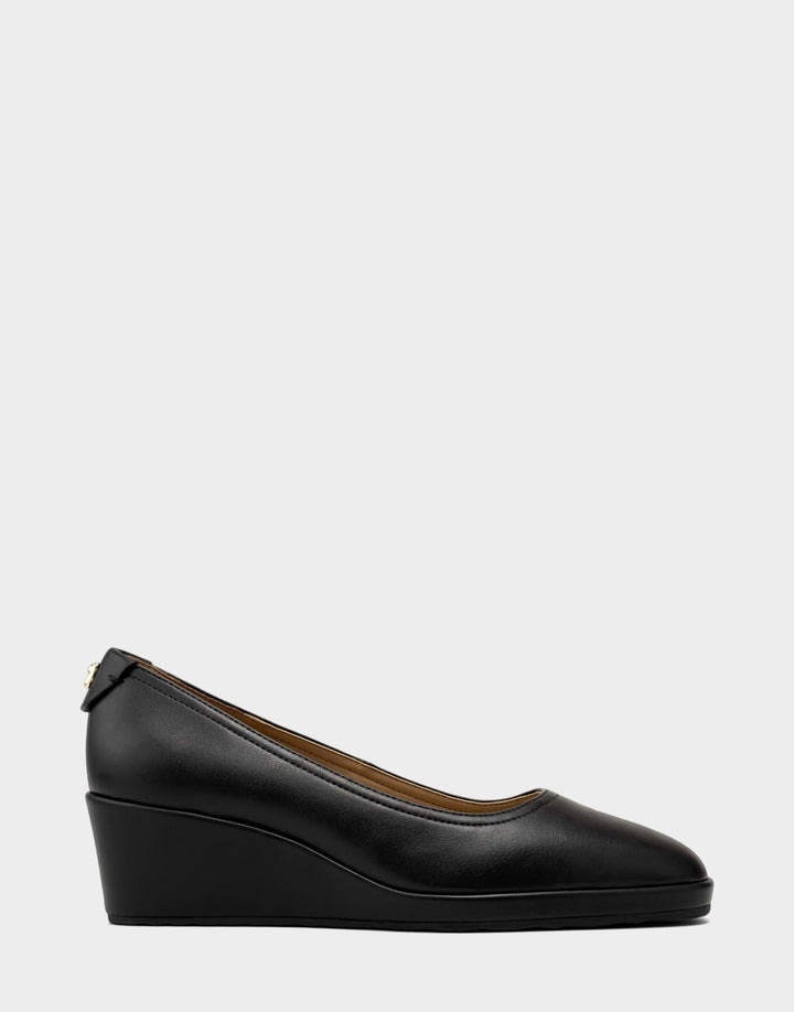 Comfortable Women's Dress Wedge in Black/Black Faux Soft Leather, side view 
