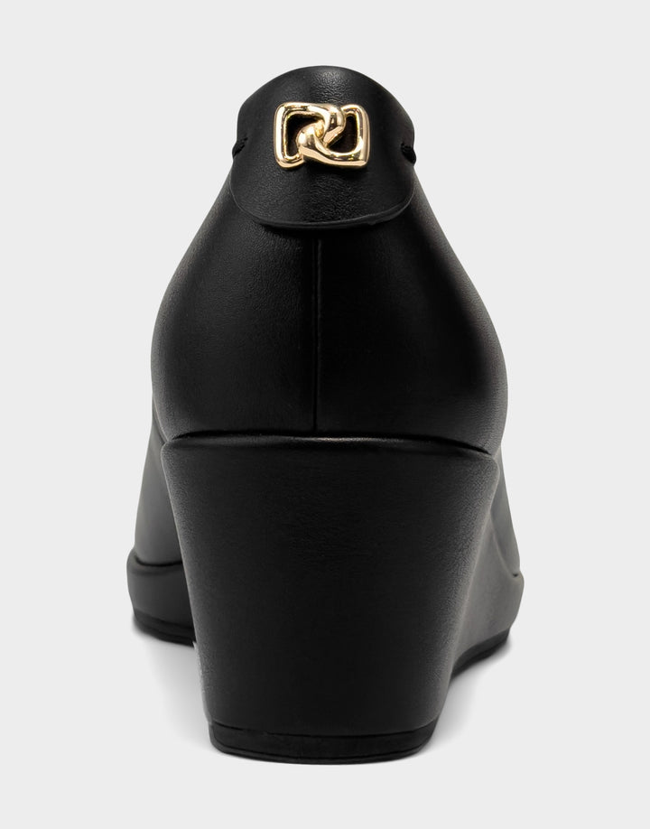 Comfortable Women's Dress Wedge in Black/Black Faux Soft Leather, rear view with emblem 