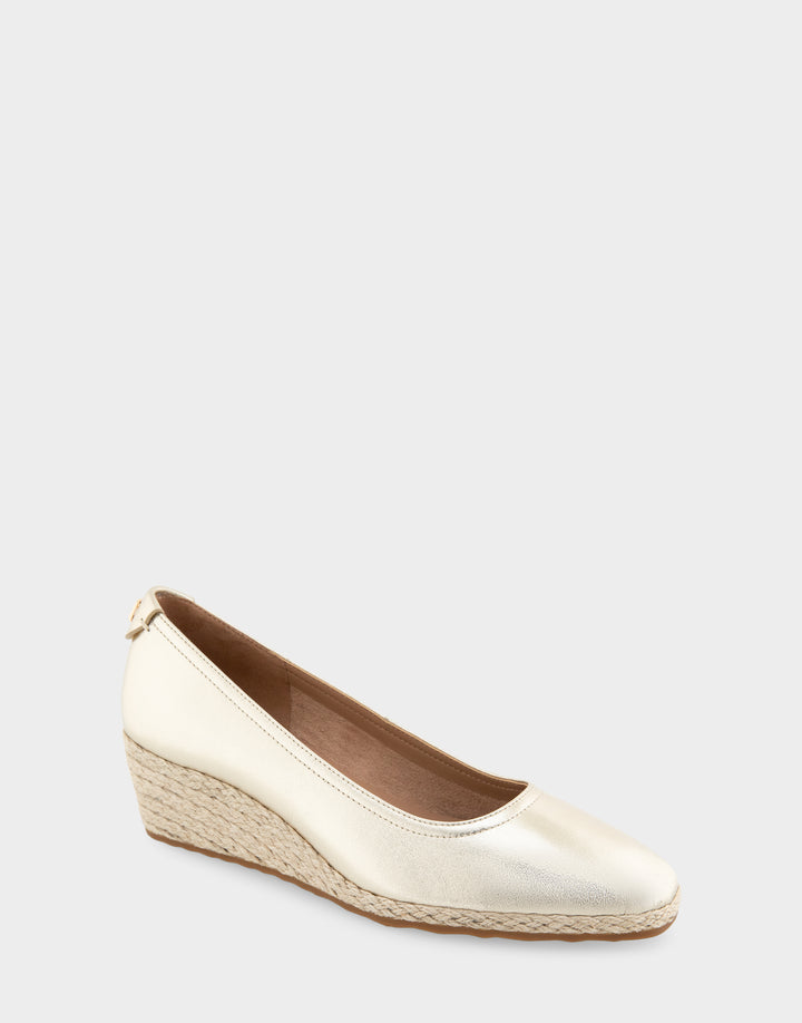 Comfortable Women's Wedge Heels in Soft Gold Leather Side Angle View