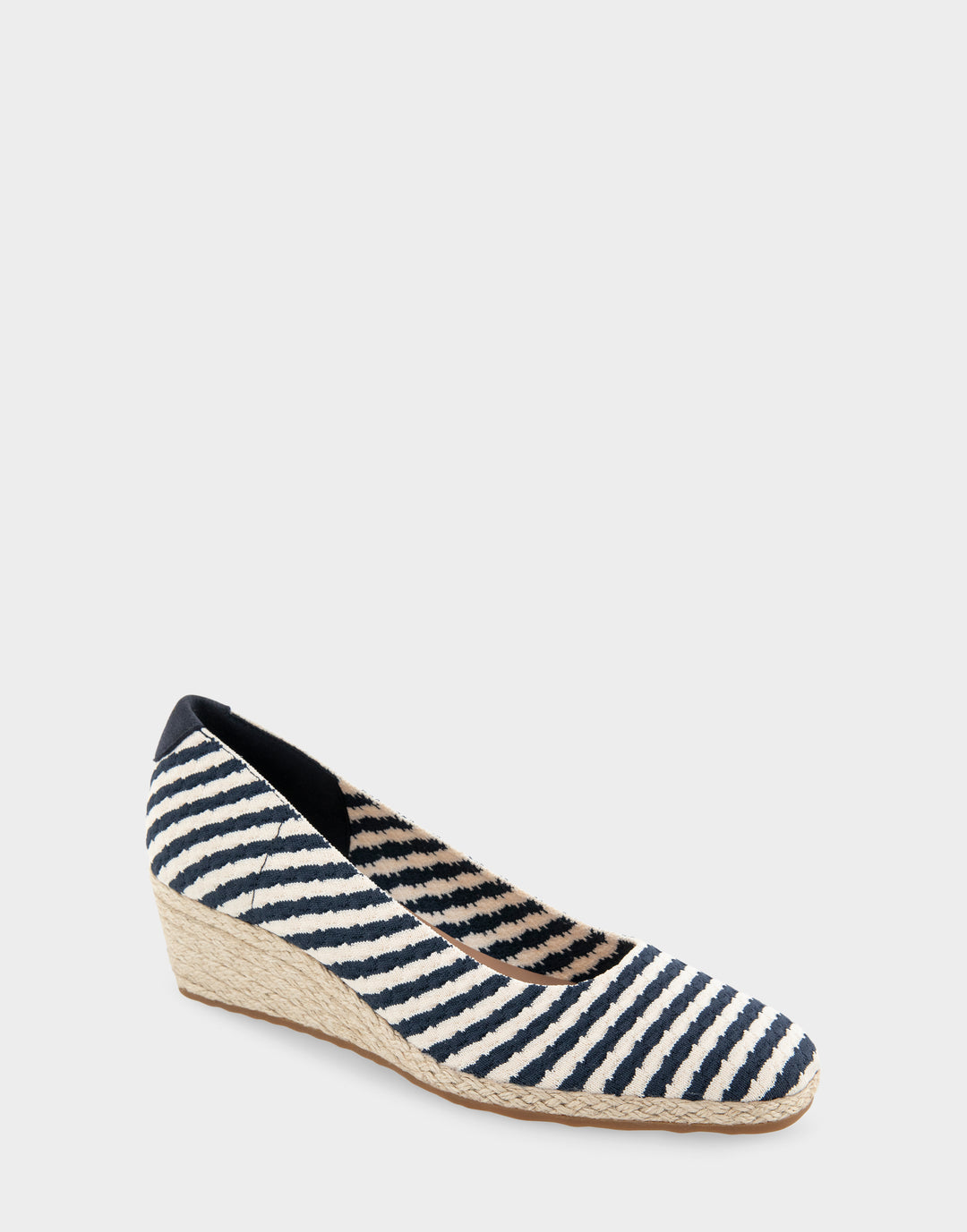 Comfortable Women's Wedge Heels in Eggnog/navy Stripe Textured Fabric Knit Fabric Side Angle View