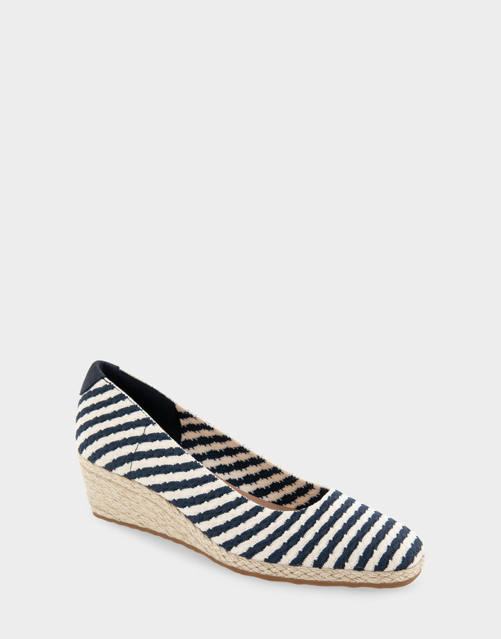 Comfortable Women's Wedge Heels in Eggnog/navy Stripe Textured Fabric Knit Fabric Side Angle View