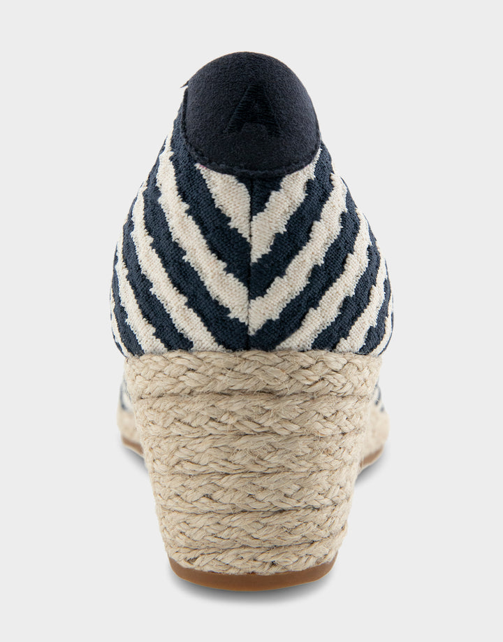 Comfortable Women's Wedge Heels in Eggnog/navy Stripe Textured Fabric Knit Fabric Back View