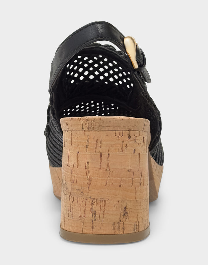 Comfortable Women's Dress Platform in Black Embroidered Raffia Back View