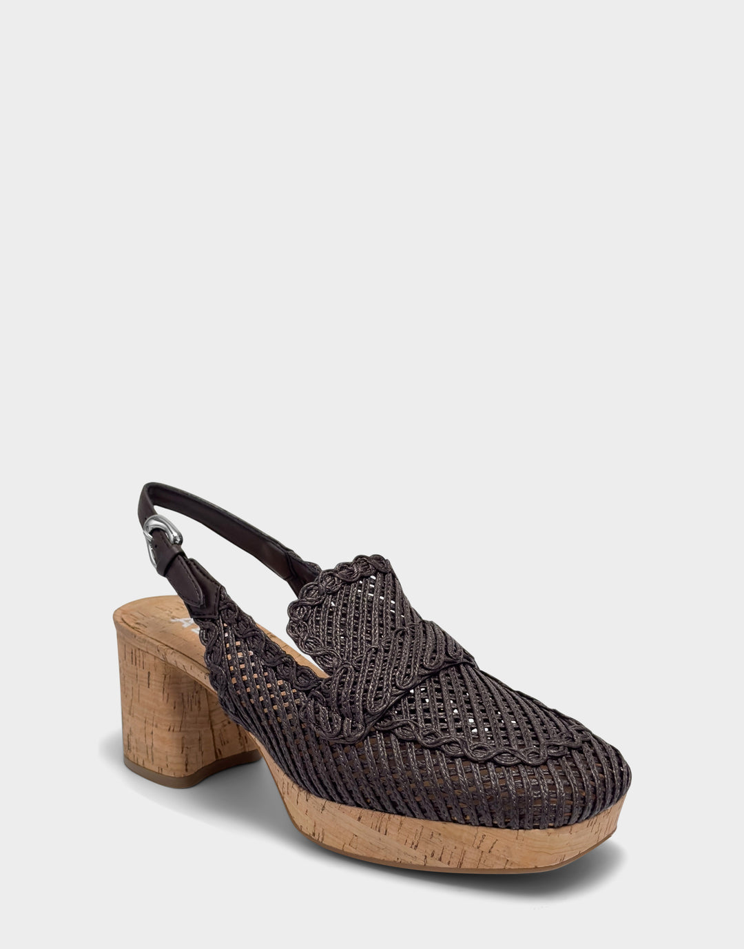Comfortable Women's Dress Platform in Dark Brown Embroidered Raffia Side Angle View