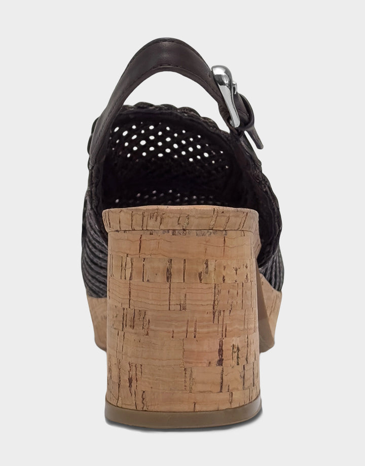 Comfortable Women's Dress Platform in Dark Brown Embroidered Raffia Back View