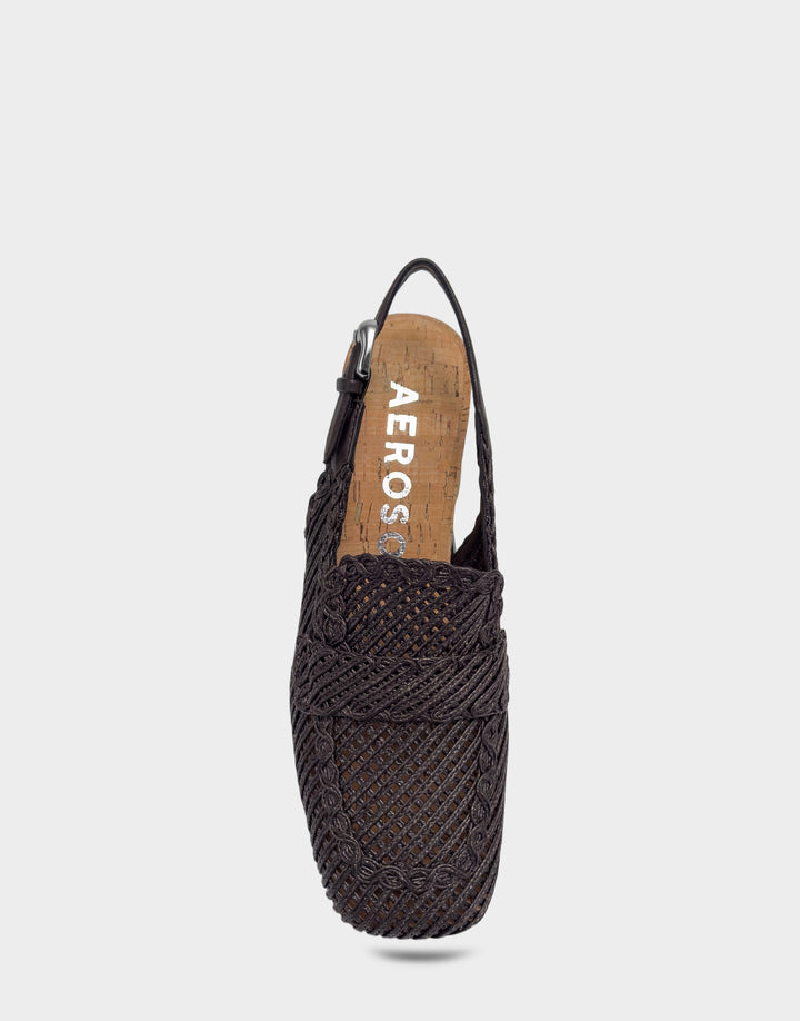 Comfortable Women's Dress Platform in Dark Brown Embroidered Raffia Full Front View