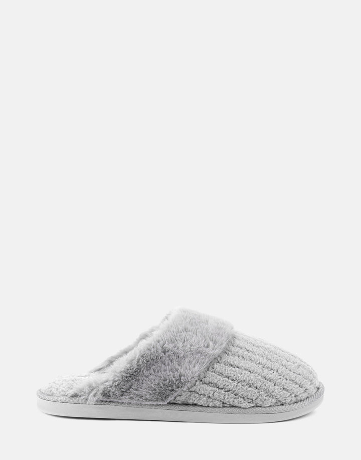 Comfortable Women's Slipper in Grey Fabric, side view 
