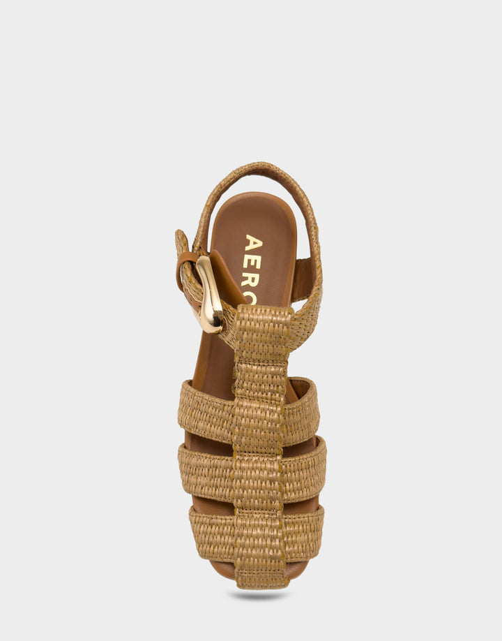 Comfortable Women's Platform Sandal in Natural Basket Raffia Full Front View