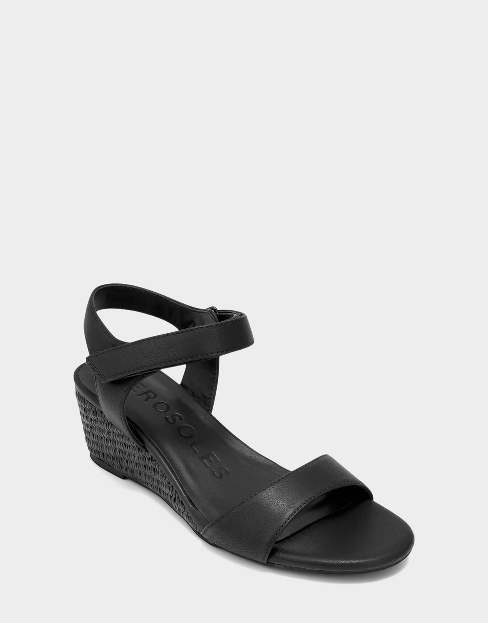 Comfortable Women's Wedge Sandal in Black Faux Burnished Calf Side Angle View
