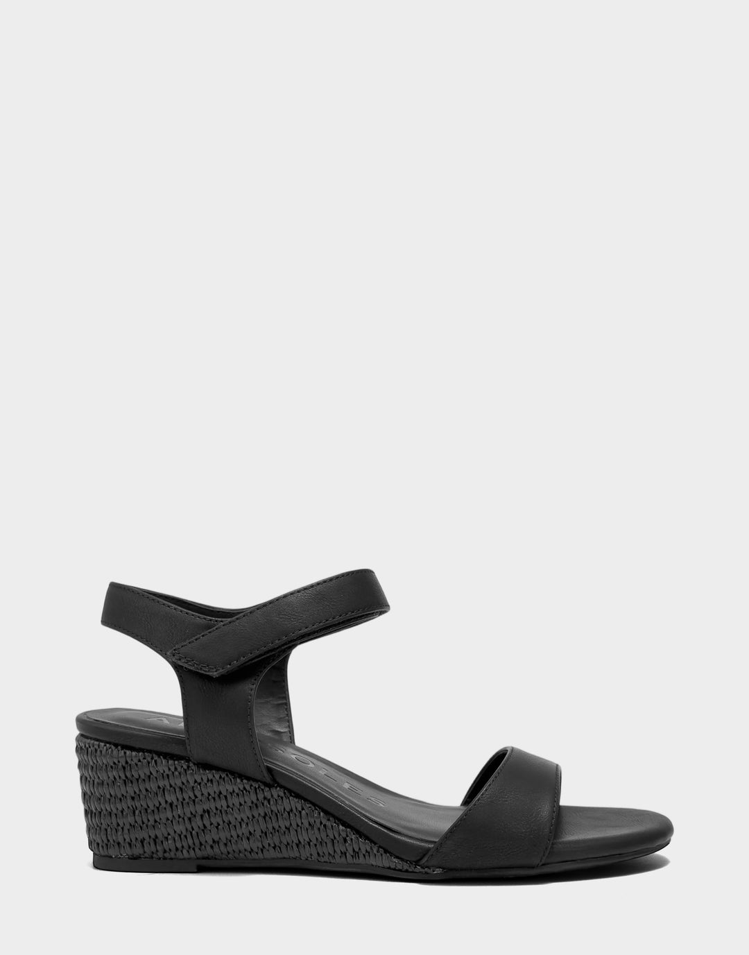 Comfortable Women's Wedge Sandal in Black Faux Burnished Calf Side View